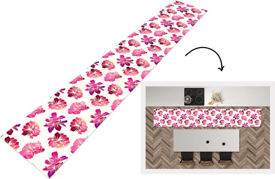 KitchenYeah Keukenloper Keukenmat Bloemen Roze Patroon 360x60 cm Keuken vloerkleed