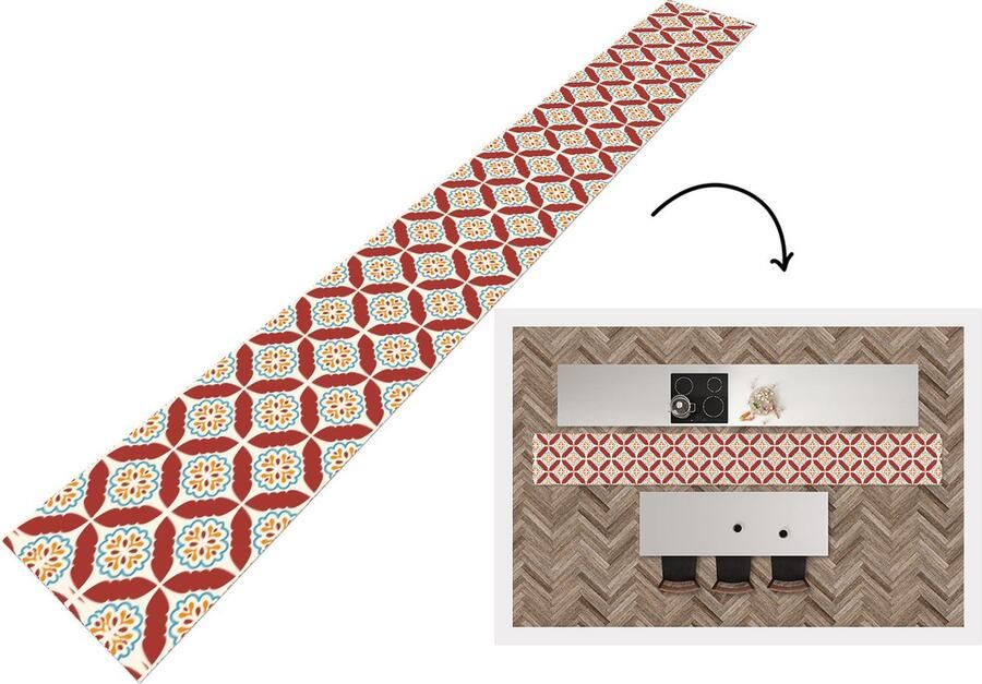 KitchenYeah Keukenloper Keukenmat Bloemen Tegel Patroon 480x60 cm Keuken vloerkleed