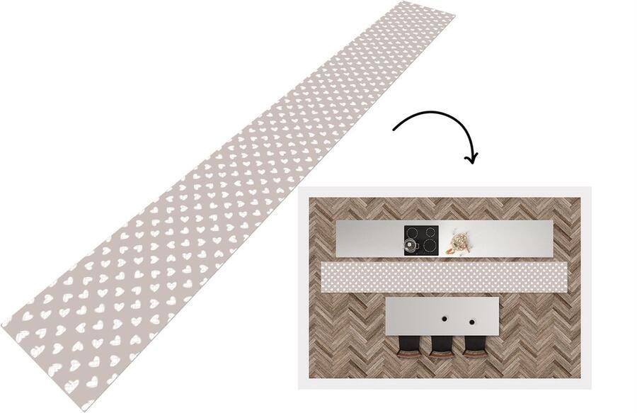 KitchenYeah Keukenloper Keukenmat Design Lijn Patroon Hart Grijs 400x50 cm Keuken vloerkleed
