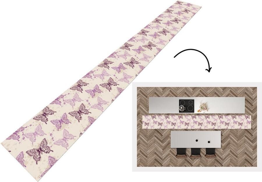 KitchenYeah Keukenloper Keukenmat Dieren Patronen Paars Vlinder 400x50 cm Keuken vloerkleed