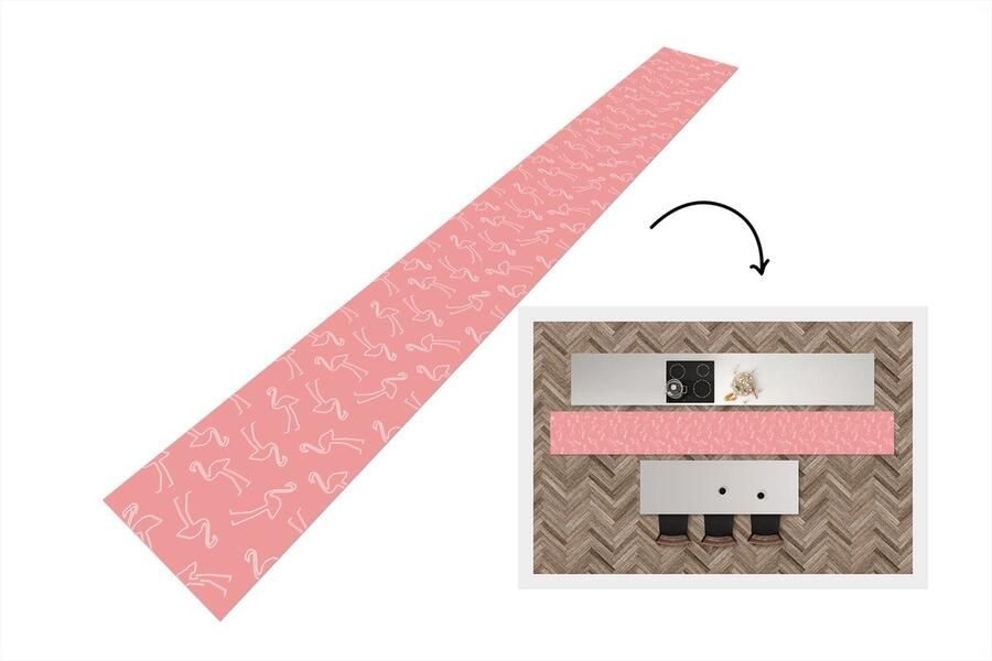 KitchenYeah Keukenloper Keukenmat Flamingo Line Art Roze Patronen 400x50 cm Keuken vloerkleed