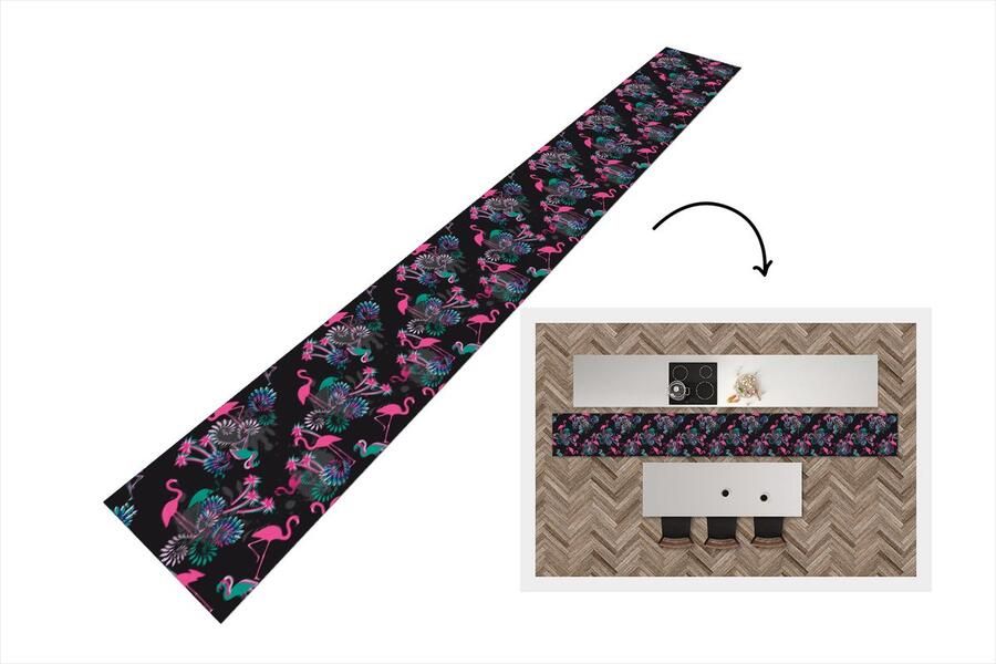KitchenYeah Keukenloper Keukenmat Flamingo Patroon Roze Jungle 400x50 cm Keuken vloerkleed
