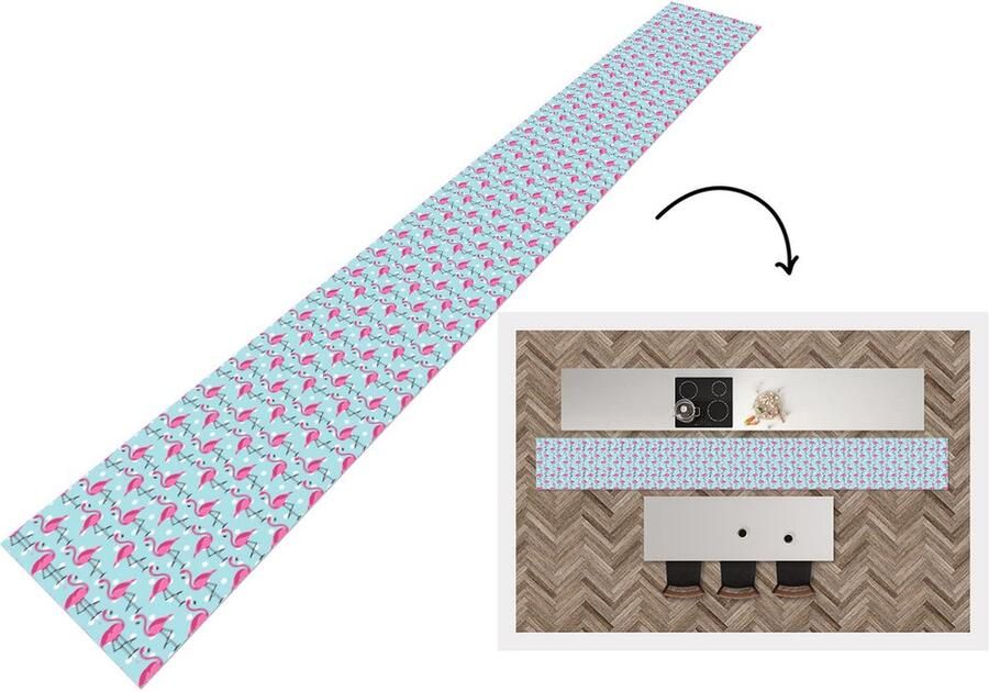 KitchenYeah Keukenloper Keukenmat Flamingo Stippen Dieren Patroon 480x60 cm Keuken vloerkleed