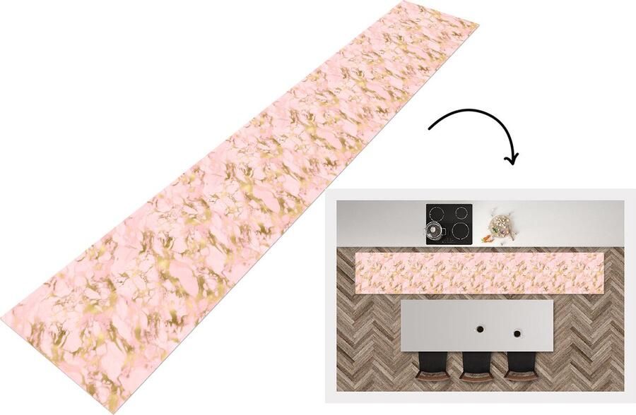 KitchenYeah Keukenloper Keukenmat Gold Marmer Patronen Roze 360x60 cm Keuken vloerkleed