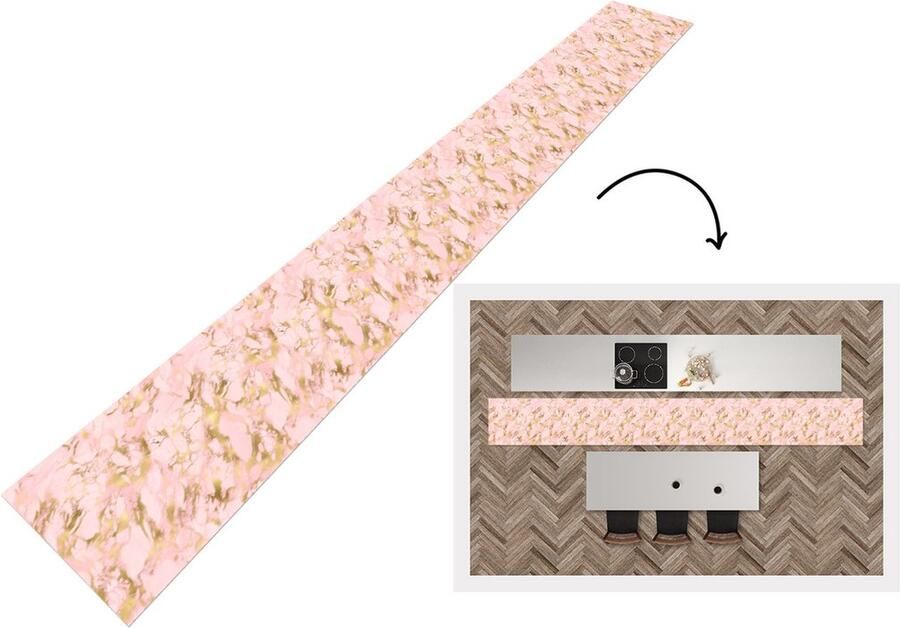 KitchenYeah Keukenloper Keukenmat Gold Marmer Patronen Roze 480x60 cm Keuken vloerkleed