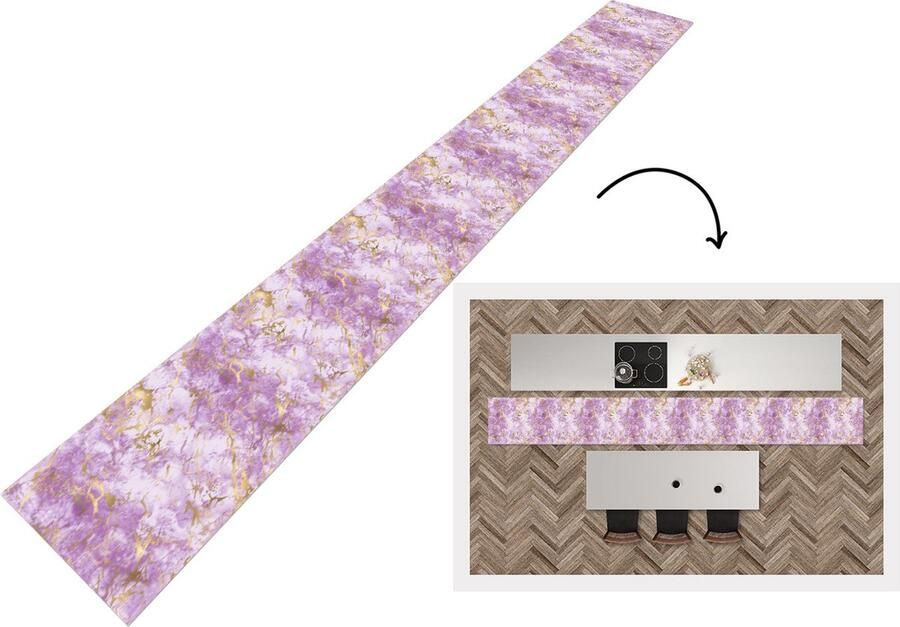 KitchenYeah Keukenloper Keukenmat Gold Marmer Patroon Paars 480x60 cm Keuken vloerkleed