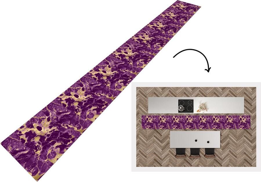 KitchenYeah Keukenloper Keukenmat Goud Luxe Marmer Patronen 400x50 cm Keuken vloerkleed