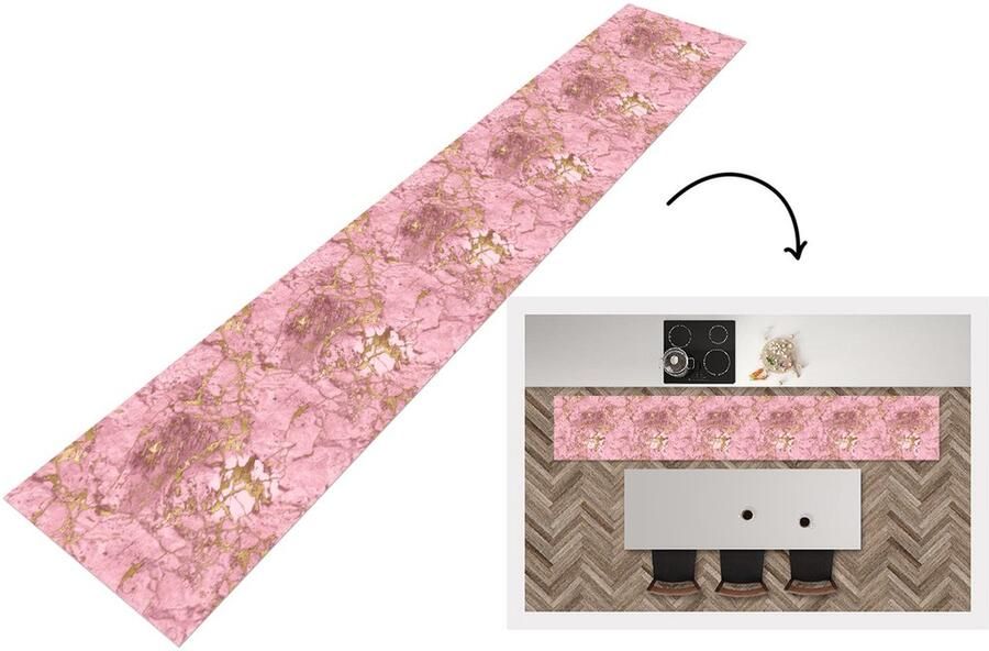 KitchenYeah Keukenloper Keukenmat Goud Marmer Luxe Roze 360x60 cm Keuken vloerkleed