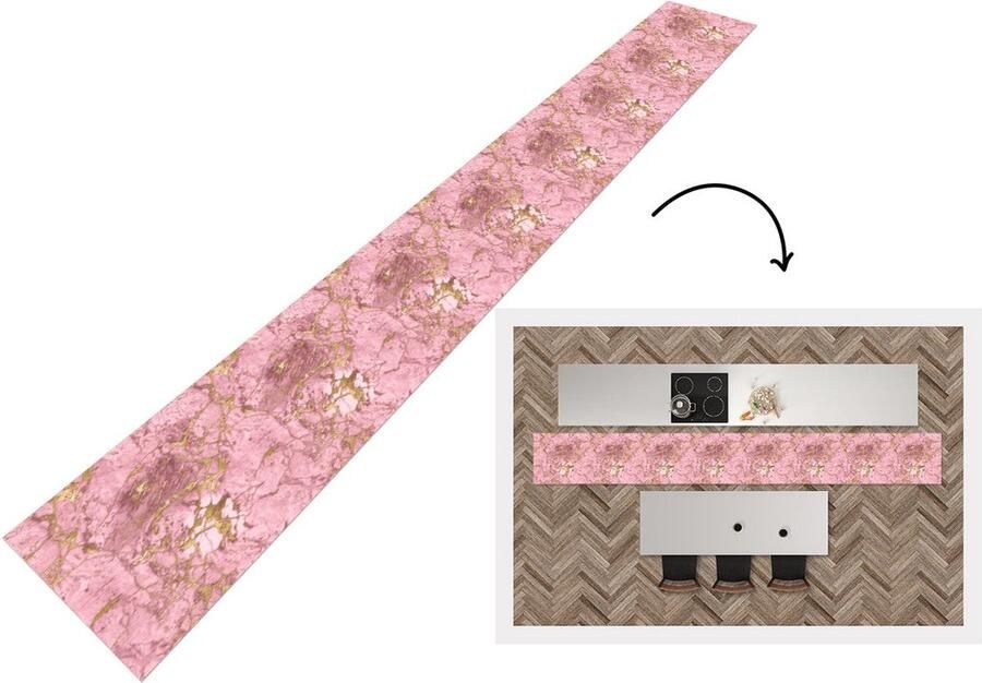 KitchenYeah Keukenloper Keukenmat Goud Marmer Luxe Roze 400x50 cm Keuken vloerkleed