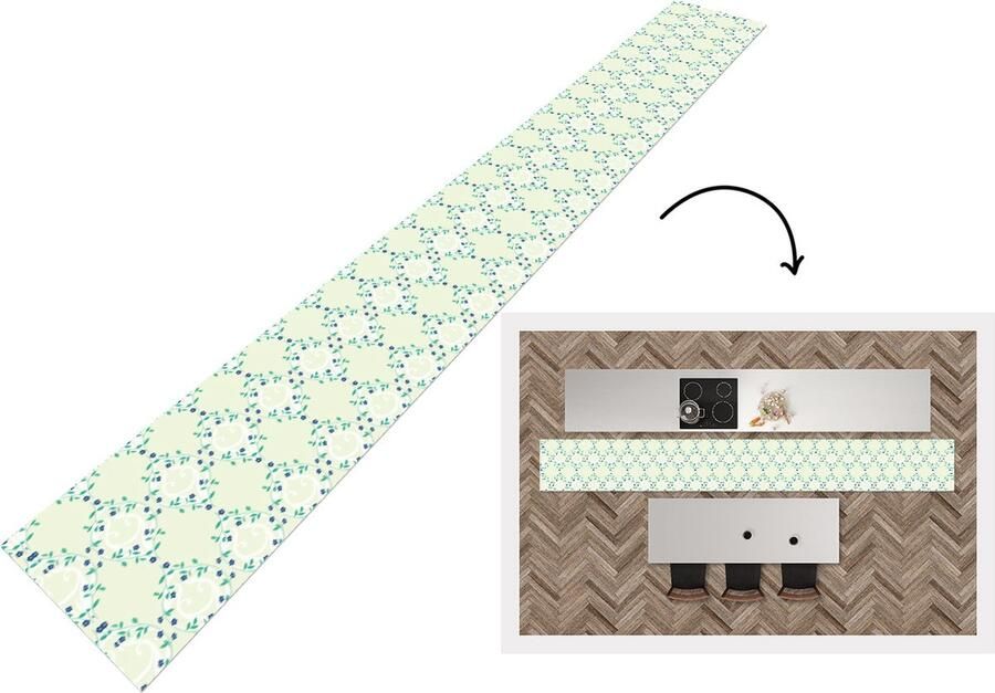 KitchenYeah Keukenloper Keukenmat Groen Blauw Bloem Design 400x50 cm Keuken vloerkleed