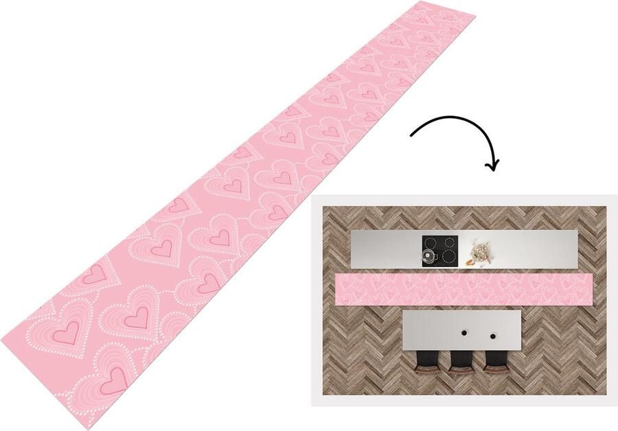 KitchenYeah Keukenloper Keukenmat Hartjes Patronen Roze 480x60 cm Keuken vloerkleed