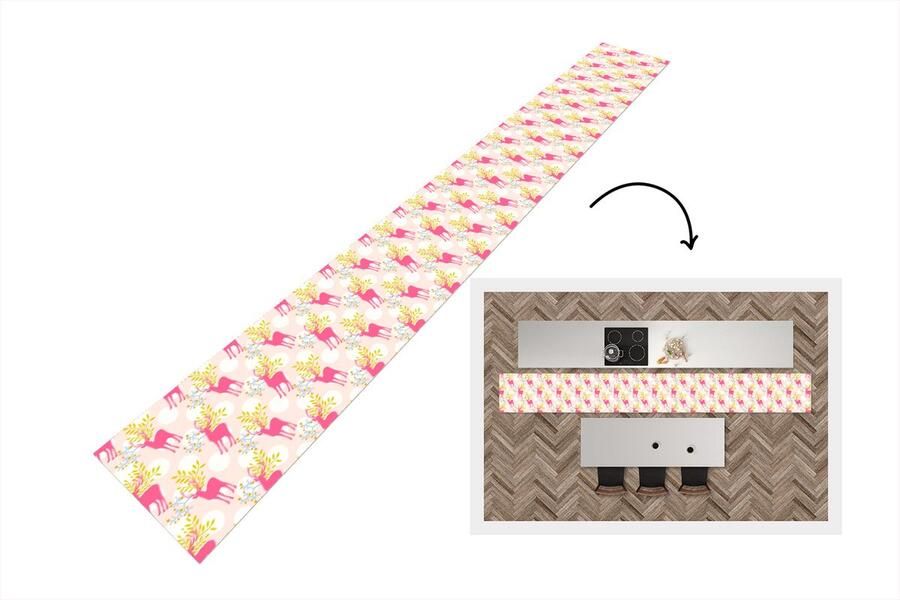 KitchenYeah Keukenloper Keukenmat Hert Roze Patronen 400x50 cm Keuken vloerkleed