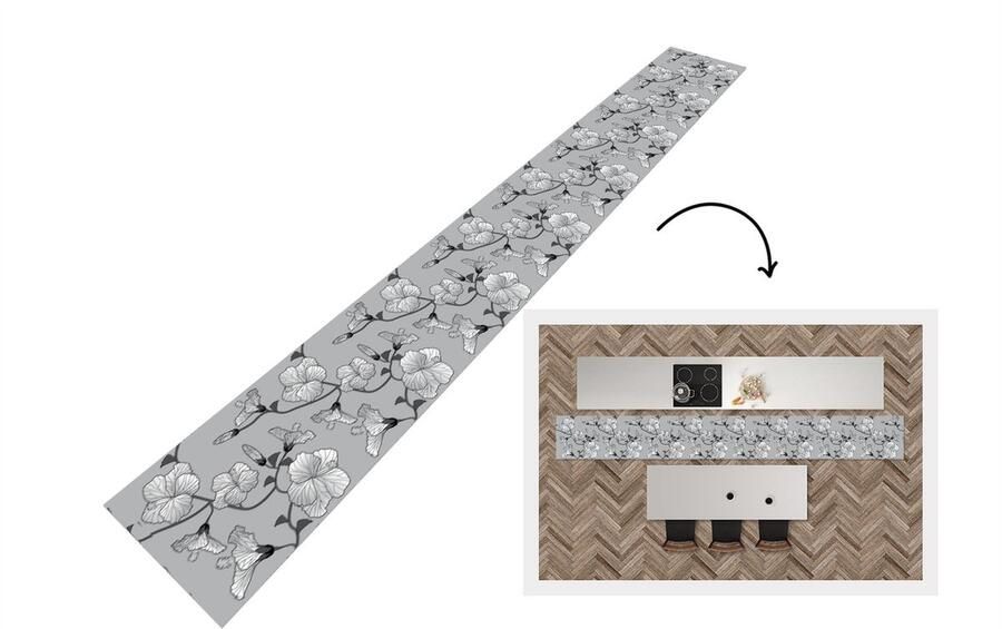 KitchenYeah Keukenloper Keukenmat Hibiscus Grijs Tropisch Patroon 480x60 cm Keuken vloerkleed