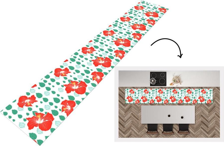 KitchenYeah Keukenloper Keukenmat Hibiscus Patronen Hawaii Bladeren Bloem 360x60 cm Keuken vloerkleed