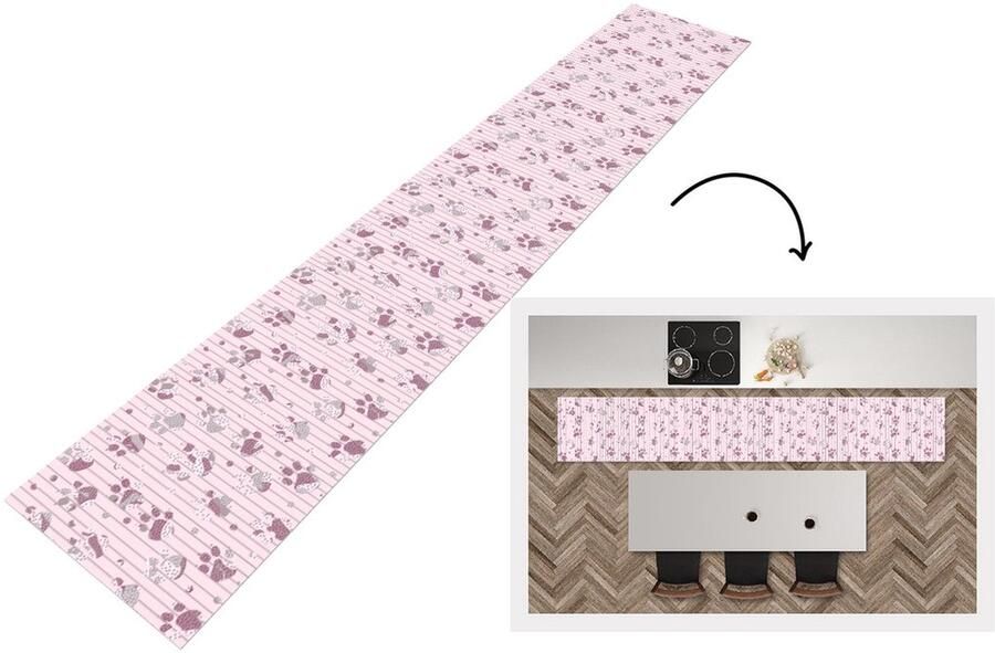 KitchenYeah Keukenloper Keukenmat Hond Roze Patronen 360x60 cm Keuken vloerkleed