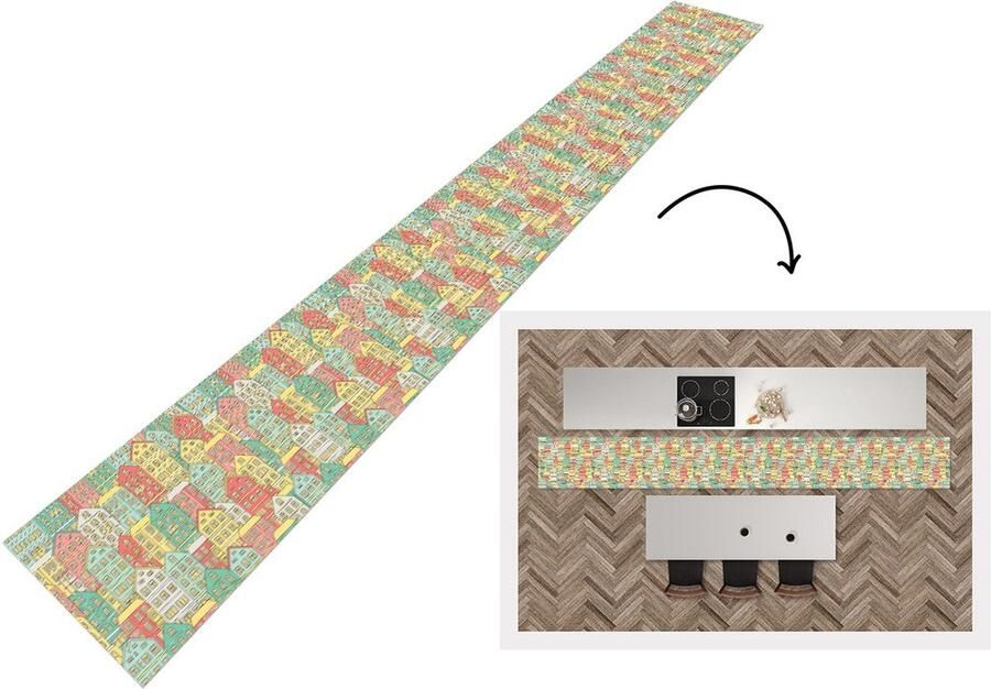 KitchenYeah Keukenloper Keukenmat Huis Patronen Pastel 480x60 cm Keuken vloerkleed