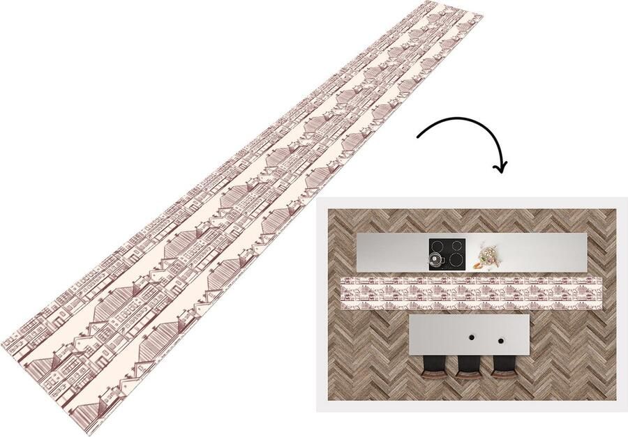 KitchenYeah Keukenloper Keukenmat Huizen Patronen Abstract 400x50 cm Keuken vloerkleed