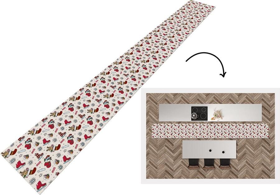 KitchenYeah Keukenloper Keukenmat Kerst Schaats Kerstcadeau Patroon 480x60 cm Keuken vloerkleed