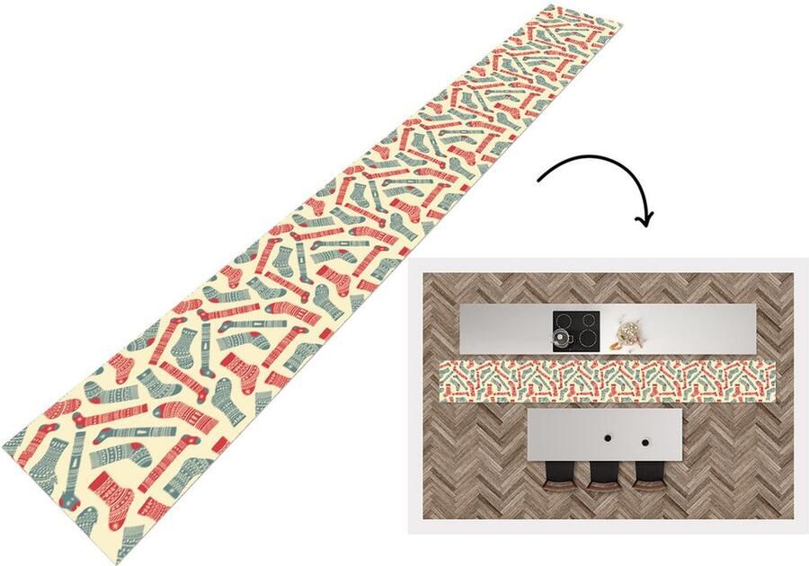 KitchenYeah Keukenloper Keukenmat Kerst Sokken Patronen 400x50 cm Keuken vloerkleed
