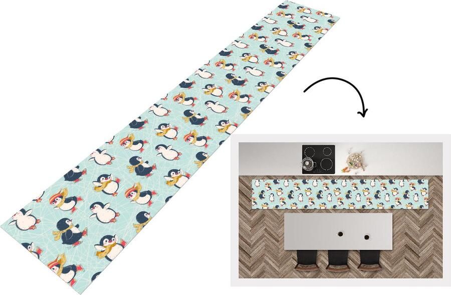 KitchenYeah Keukenloper Loper keuken Kinderen Pinguïn Schaatsen Winter Patronen 300x50 cm Keukenloper vinyl