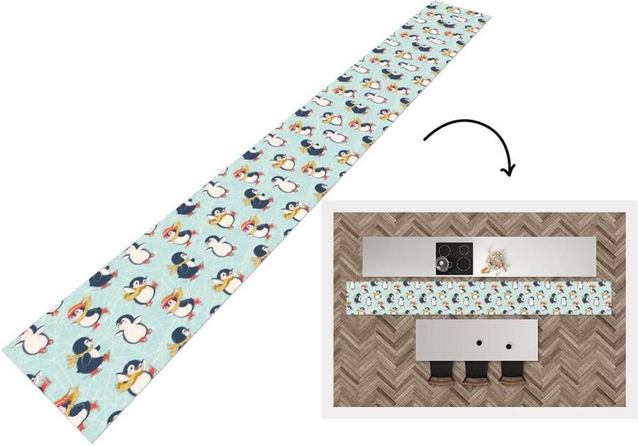 KitchenYeah Keukenloper Keukenmat Kinderen Pinguïn Schaatsen Winter Patronen 400x50 cm Keuken vloerkleed