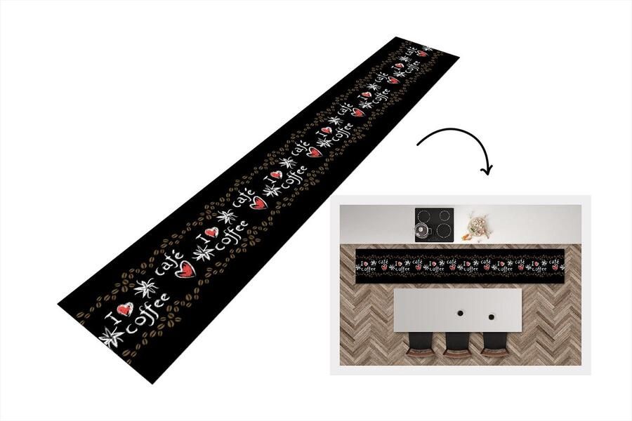 KitchenYeah Keukenloper Keukenmat Koffie Patronen Love 360x60 cm Keuken vloerkleed