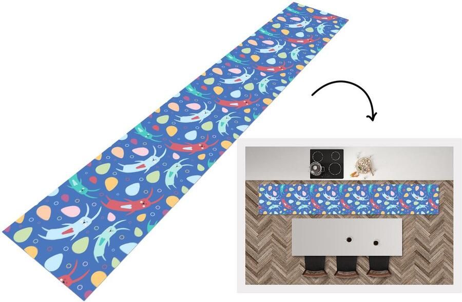 KitchenYeah Keukenloper Keukenmat Konijnen Pastel Regenboog Patronen 360x60 cm Keuken vloerkleed