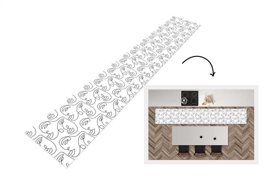 KitchenYeah Keukenloper Keukenmat Line Art Patronen Zwart Wit 360x60 cm Keuken vloerkleed