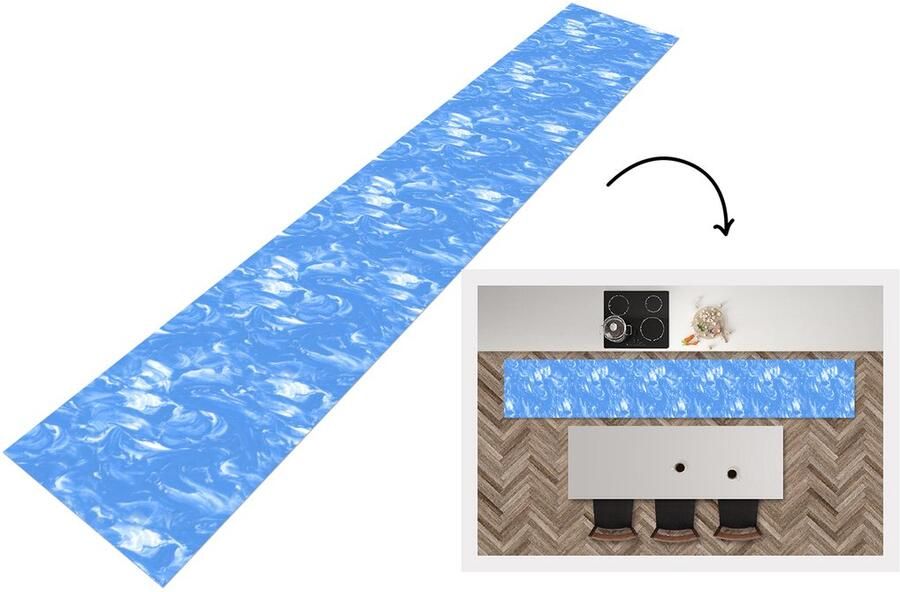 KitchenYeah Keukenloper 360x60 cm Keukenmat vinyl Marmer Blauw Patronen Patroon Keukenmatten loper Keuken vloerkleed tapijt