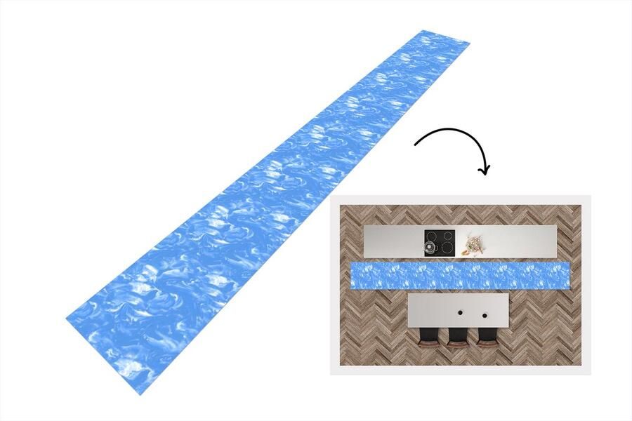 KitchenYeah Keukenloper 480x60 cm Keukenmat vinyl Marmer Blauw Patronen Patroon Keukenmatten loper Keuken vloerkleed tapijt