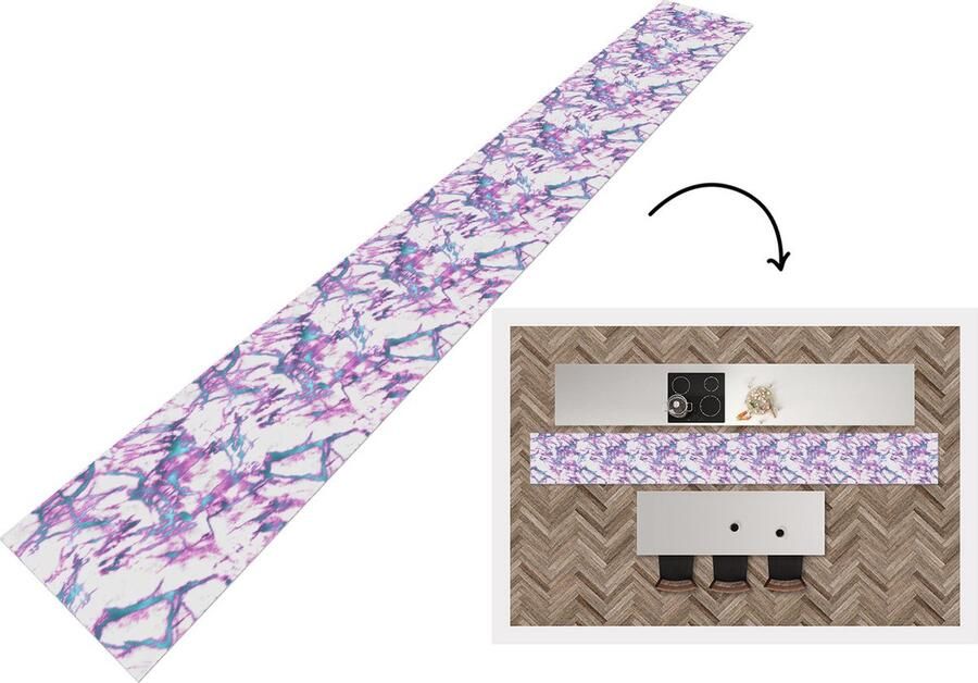 KitchenYeah Keukenloper Keukenmat Marmer Blauw Roze Patronen 480x60 cm Keuken vloerkleed
