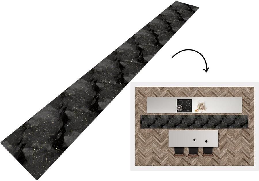 KitchenYeah Keukenloper Keukenmat Marmer Glitter Goud Zwart Patronen 480x60 cm Keuken vloerkleed
