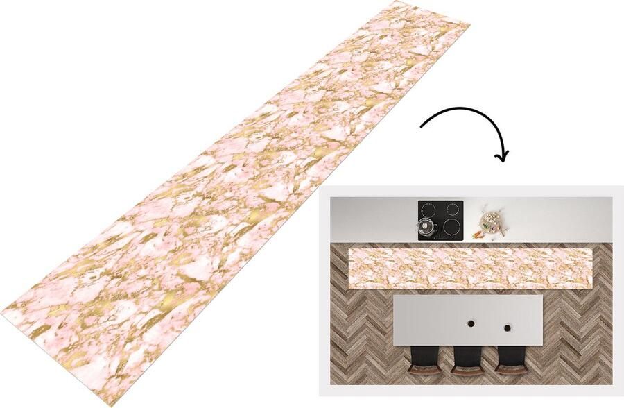 KitchenYeah Keukenloper Keukenmat Marmer Gold Roze Patroon 360x60 cm Keuken vloerkleed