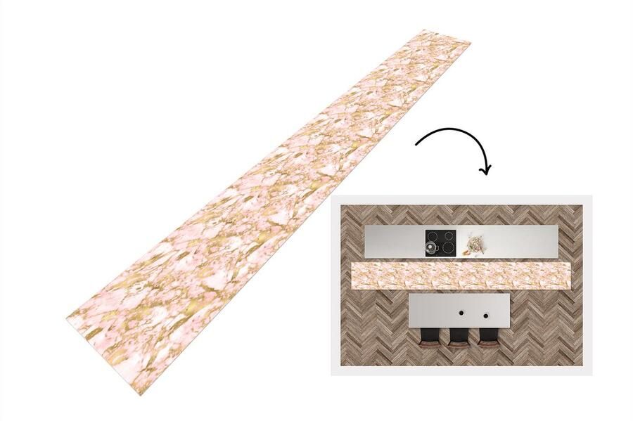 KitchenYeah Keukenloper Keukenmat Marmer Gold Roze Patroon 400x50 cm Keuken vloerkleed