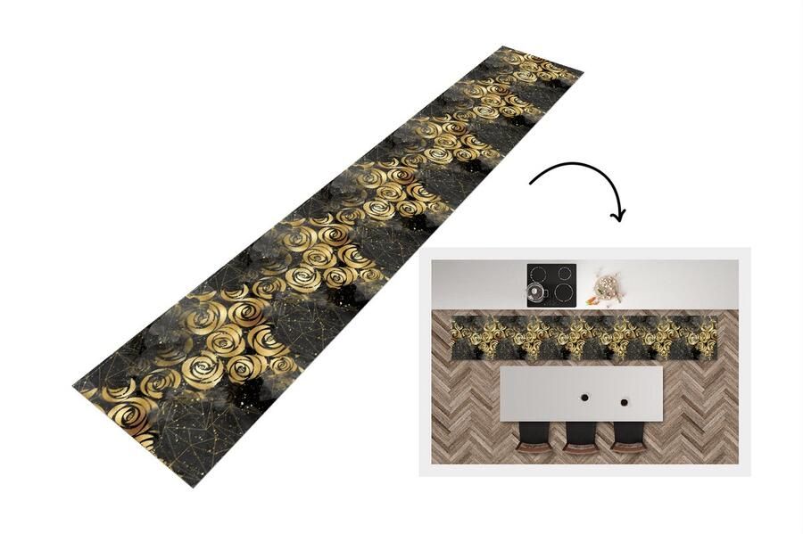 KitchenYeah Keukenloper Loper keuken Marmer Goud Roos Patronen 300x50 cm Keukenloper vinyl