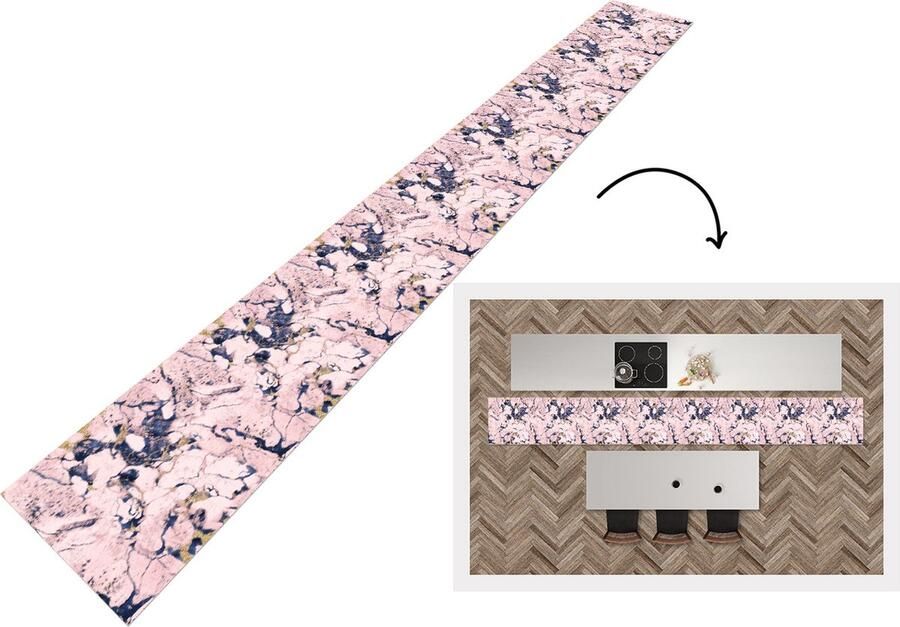 KitchenYeah Keukenloper Keukenmat Marmer Goud Roze Blauw Patronen 480x60 cm Keuken vloerkleed