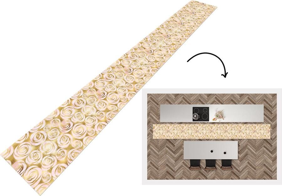 KitchenYeah Keukenloper Keukenmat Marmer Goud Rozen Patronen 480x60 cm Keuken vloerkleed