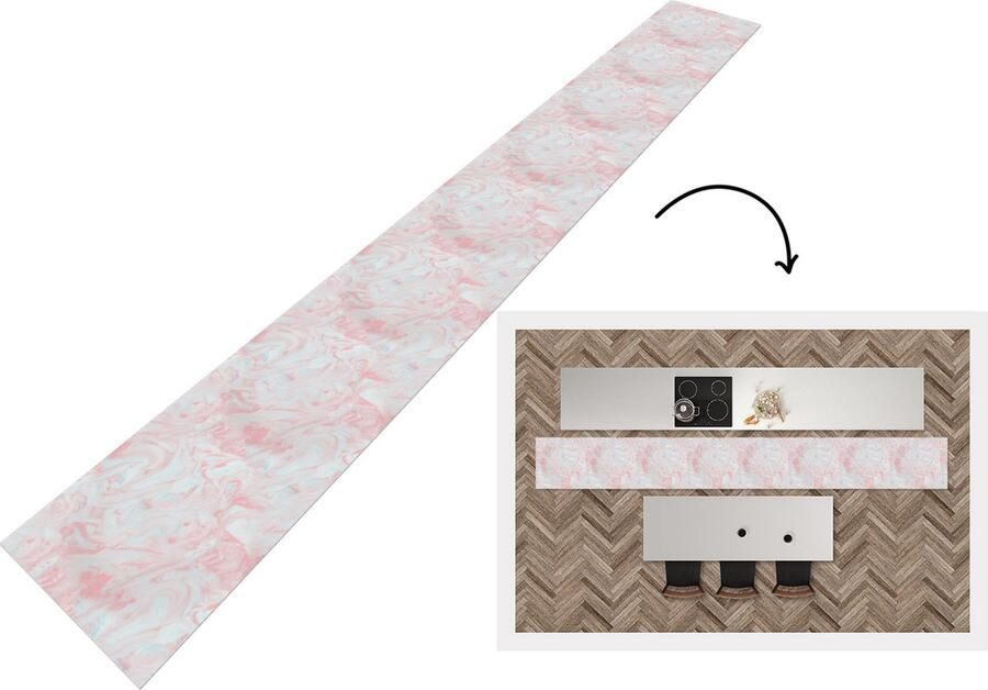 KitchenYeah Keukenloper 400x50 cm Keukenmat vinyl Marmer Roze Wit Patronen Keukenmatten loper Keuken vloerkleed tapijt