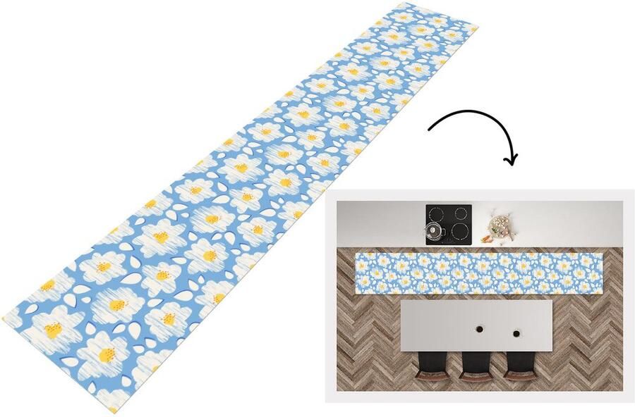 KitchenYeah Keukenloper Keukenmat Meiden Bloemen Blauw Patronen 360x60 cm Keuken vloerkleed