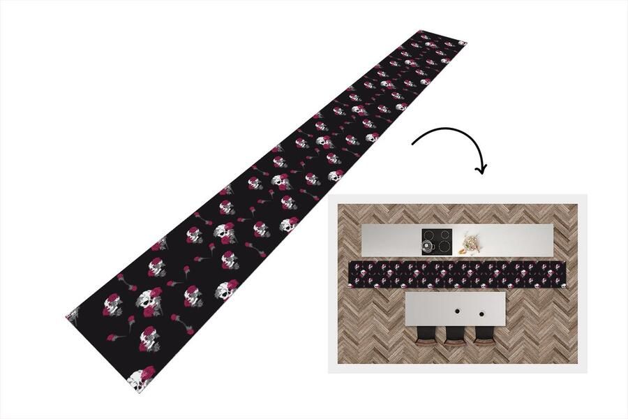 KitchenYeah Keukenloper Keukenmat Meiden Skull Rozen Patronen 480x60 cm Keuken vloerkleed