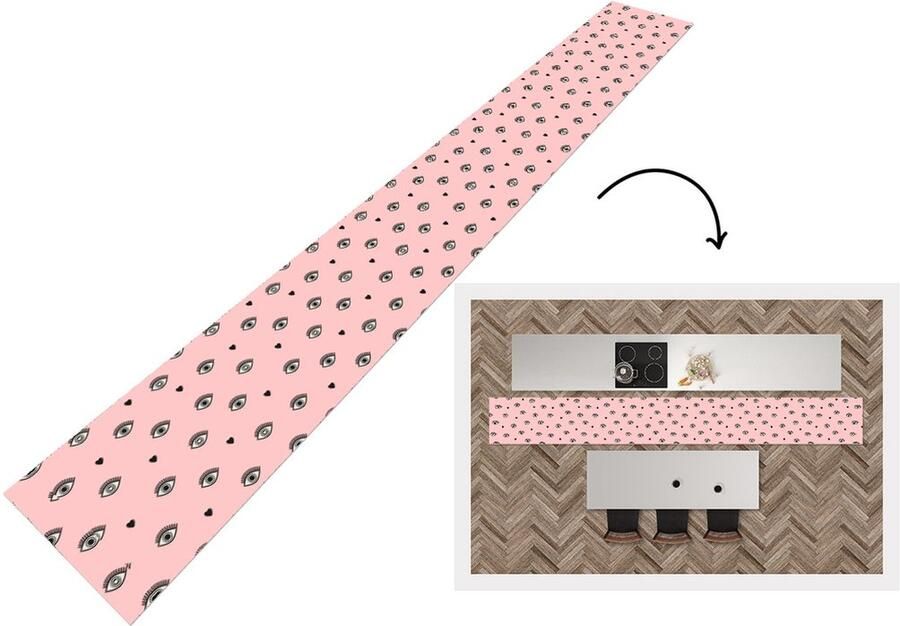 KitchenYeah Keukenloper Keukenmat Meisje Ogen Roze Patronen 400x50 cm Keuken vloerkleed