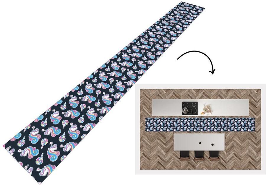 KitchenYeah Keukenloper Keukenmat Meisje Unicorn Lolly snoep Patronen 400x50 cm Keuken vloerkleed