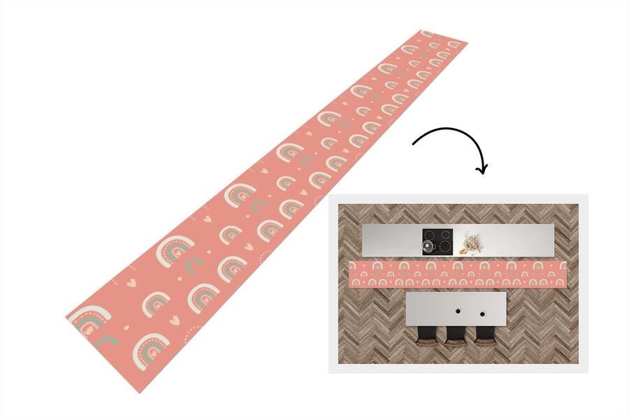 KitchenYeah Keukenloper Keukenmat Meisjes Regenboog Hartjes Patronen 400x50 cm Keuken vloerkleed