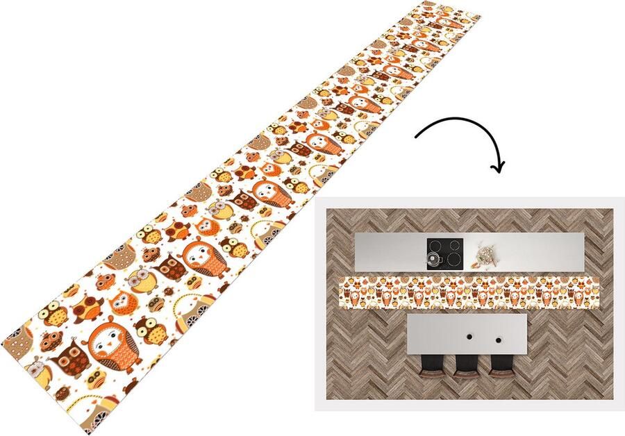 KitchenYeah Keukenloper Keukenmat Meisjes Uil Oranje Patronen 400x50 cm Keuken vloerkleed
