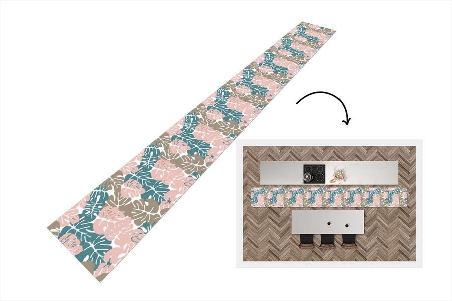 KitchenYeah Keukenloper Keukenmat Monstera Jungle Patronen Pastel Bladeren 480x60 cm Keuken vloerkleed