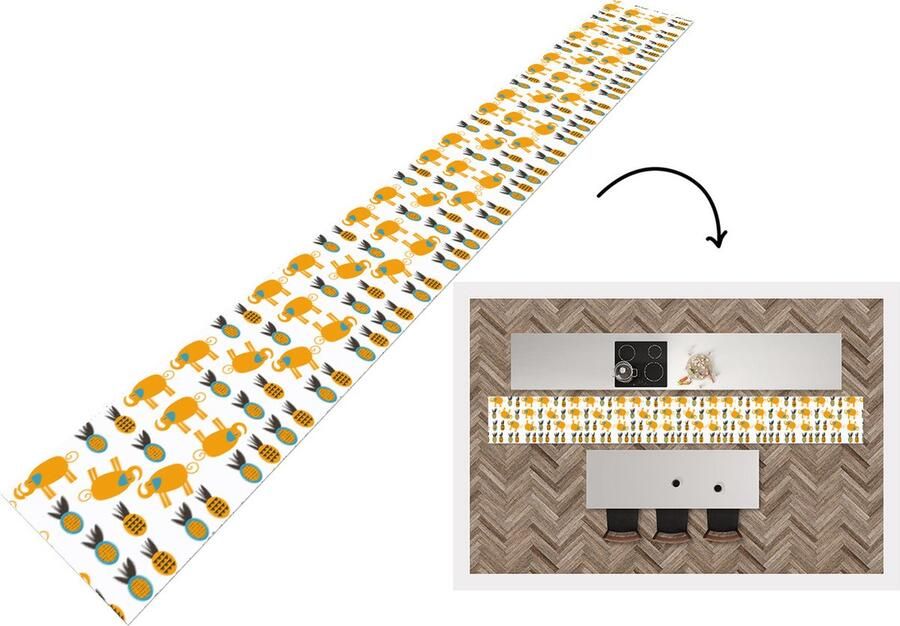 KitchenYeah Keukenloper Keukenmat Olifant Ananas Geel Patroon 480x60 cm Keuken vloerkleed
