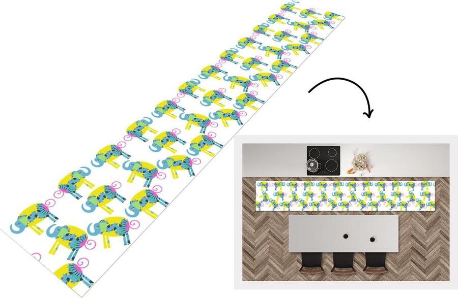 KitchenYeah Keukenloper Loper keuken Olifant Geel Ornament Patronen 300x50 cm Keukenloper vinyl