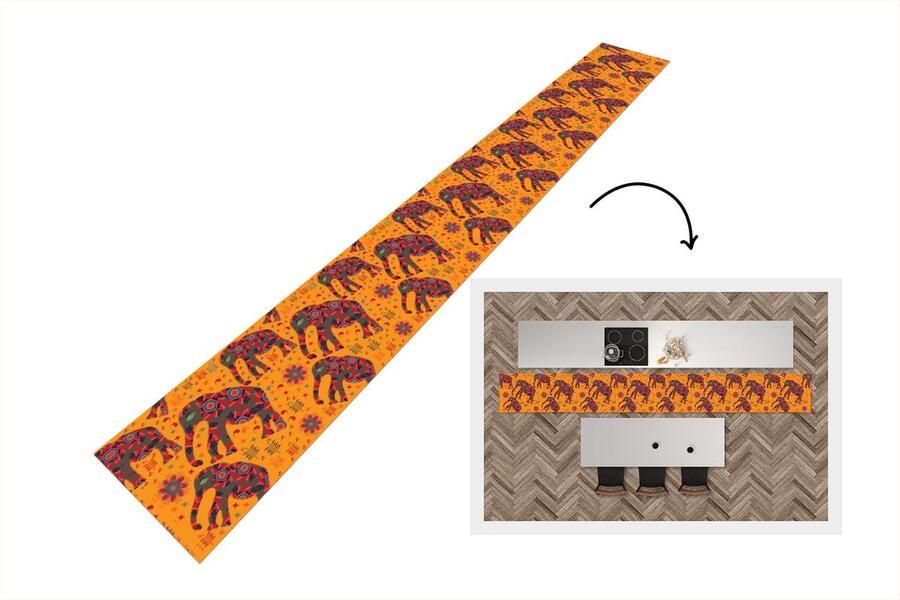 KitchenYeah Keukenloper Keukenmat Olifant Ornament Bloemen Patroon 400x50 cm Keuken vloerkleed