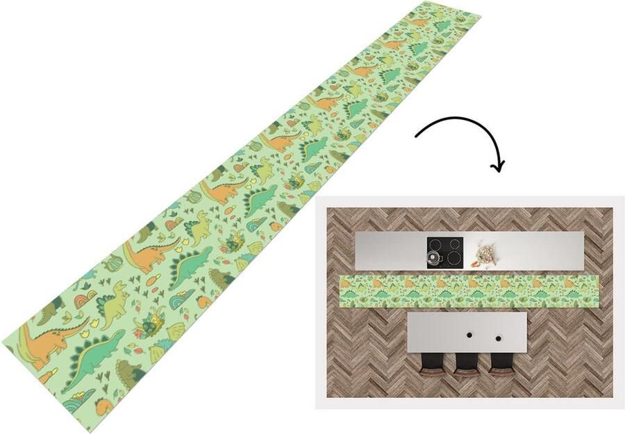 KitchenYeah Keukenloper Keukenmat Patronen Dino Groen 480x60 cm Keuken vloerkleed