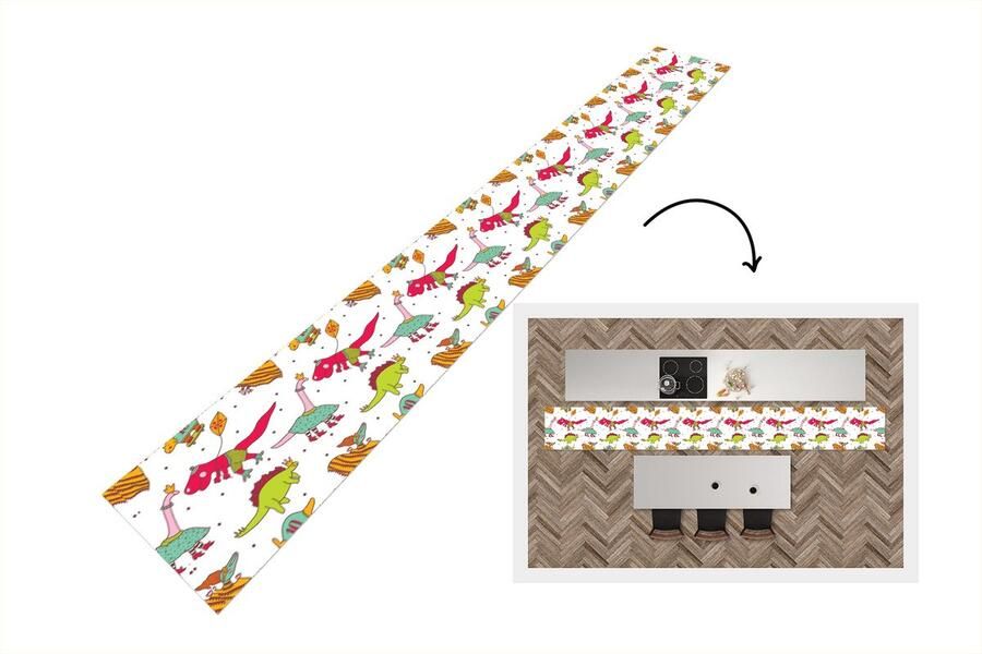 KitchenYeah Keukenloper Keukenmat Patronen Dino Kleuren 400x50 cm Keuken vloerkleed